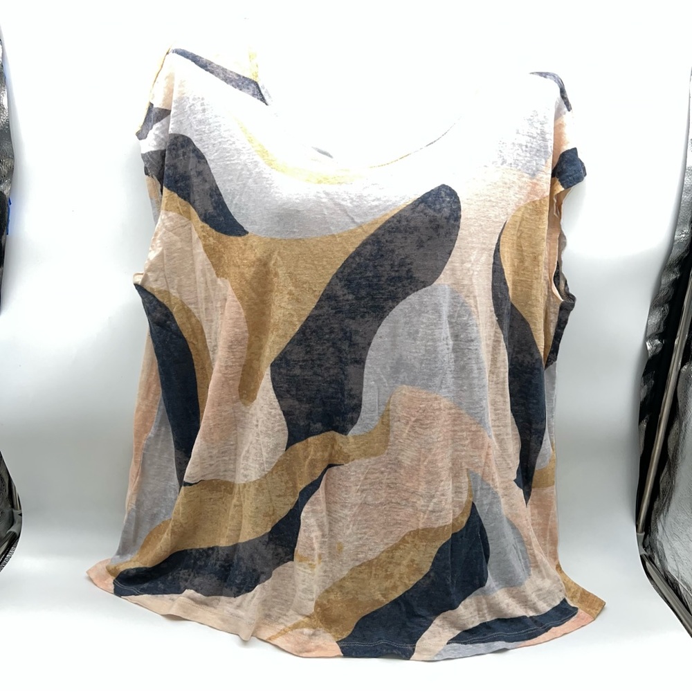 Rachel Zoe Multicolor Abstract Print Short Capped Sleeve 100% Linen Top-Size XXL